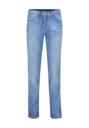 Lichtblauwe denim jeans met een middelhoge taille, vijf zakken, contrasterende stiksels en een rechte pasvorm. Soepele textuur, klassiek ontwerp.