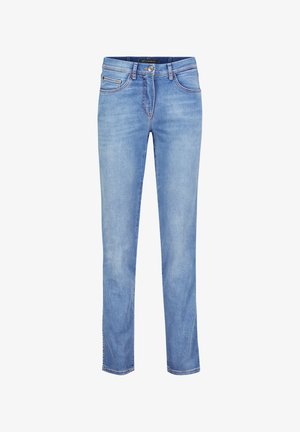 Jeans en denim bleu clair avec une taille mi-haute, cinq poches, des coutures contrastées et une coupe droite. Texture lisse, design classique.