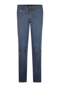 Navyblauwe broek van zacht materiaal, slim fit ontwerp, met voorzakken, een ritsluiting en riemlussen. Soepele textuur met minimale details.