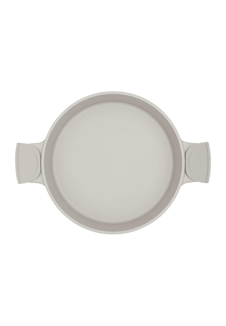 Plat de service rond en beige clair, fabriqué en matériau solide ; dispose de deux poignées ergonomiques et d'une finition lisse et mate.