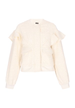 Elfenbeinfarbige Jacke mit Strukturstoff und Pailletten, Rüschen-Detail über Brust und Ärmeln, aufgesetzte Taschen vorne sowie gerippter Kragen und Bündchen.