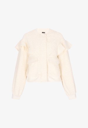 Ivoorkleurig gestructureerd jasje met pailletten, ruches over de borst en mouwen, voorflapzakken en een geribbelde kraag en manchetten.