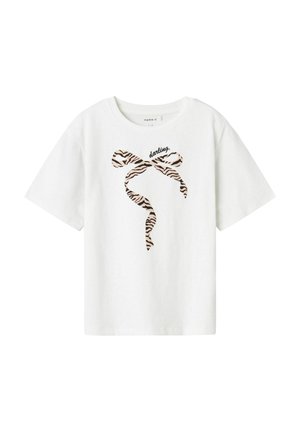 White cotton t-shirt featuring a black and pink zebra print ribbon design with the word "darling." prominently displayed in the center.