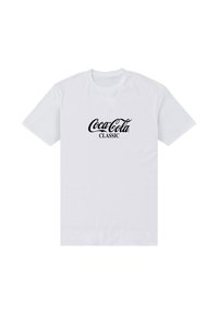 Bílá bavlněná tričko s černým nápisem "Coca-Cola Classic" psaným kurzívou na přední straně. Krátké rukávy a kulatý výstřih.