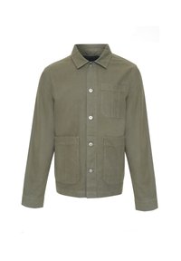 Olivengrøn jakke lavet af en blanding af bomuld, med knaplukning fortil, krave, to forlommer og pæne syninger.