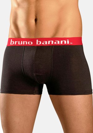 Black boxer briefs featuring a red elastic waistband with "bruno banani" branding. The fabric appears smooth and fitted.