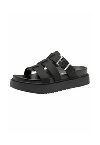 Black slip-on sandal with thick rubber sole, featuring multiple crisscross straps and a buckle accent. Smooth texture throughout.