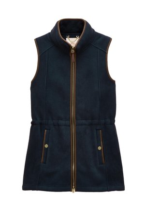 Marineblaue ärmellose Fleeceweste mit braunem Besatz, vorderem Reißverschluss, zwei Reißverschlusstaschen mit Knopfdetails und engem Stehkragen.