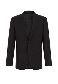 Črn blazer iz gladkega blaga, z enojnim gumbom, z izrezom na ovratniku, dvema sprednjima žepoma in žepom na prsih s satensko oblogi.