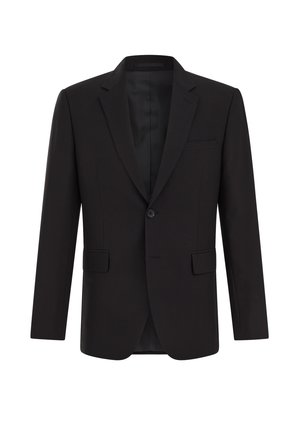 Črn blazer iz gladkega blaga, z enojnim gumbom, z izrezom na ovratniku, dvema sprednjima žepoma in žepom na prsih s satensko oblogi.