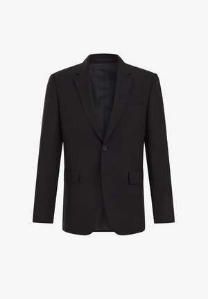 Schwarzer Blazer aus glattem Stoff, Ein-Knopf-Verschluss, Reverskragen, zwei Fronttaschen und eine Brusttasche mit satinierter Innenauskleidung.