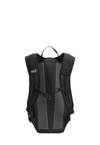 Schwarzer Rucksack mit einem Mesh-Rücken, verstellbaren Trägern und einem zentralen Tragegriff. Besitzt ein geometrisches Muster auf dem Stoff.