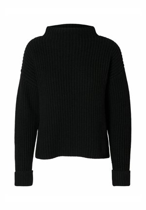 Pull en laine noir avec un col montant, texture côtelée et manches longues. Présente des poignets larges et une coupe relaxée.