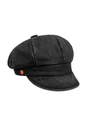 Black corduroy newsboy cap with a short brim and a small round red and gold logo on the side.