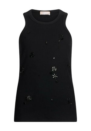 Canotta nera senza maniche con piccole perline nere e argento sparse sul davanti.