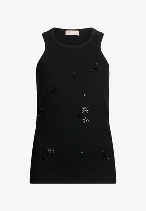 Canotta nera senza maniche con piccole perline nere e argento sparse sul davanti.
