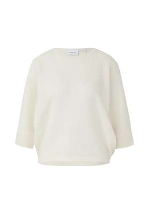 Kremowy, krótkorękawowy sweter z dzianiny z okrągłym dekoltem i luźnym krojem, z etykietą "COMMA" na kołnierzu.