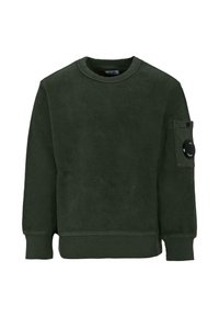 Felpa in pile verde con colletto rotondo, polsini a coste e taschino sulla manica con dettaglio di bottone nero.