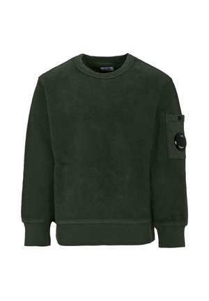 Zielony polarowy sweter z okrągłym dekoltem, ściągaczami u rękawów oraz naszywaną kieszenią na rękawie z czarnym guzikiem jako detalem.
