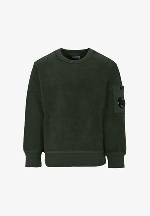 Felpa in pile verde con colletto rotondo, polsini a coste e taschino sulla manica con dettaglio di bottone nero.