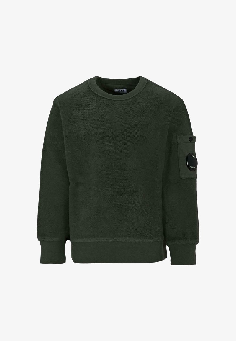 Felpa in pile verde con colletto rotondo, polsini a coste e taschino sulla manica con dettaglio di bottone nero.