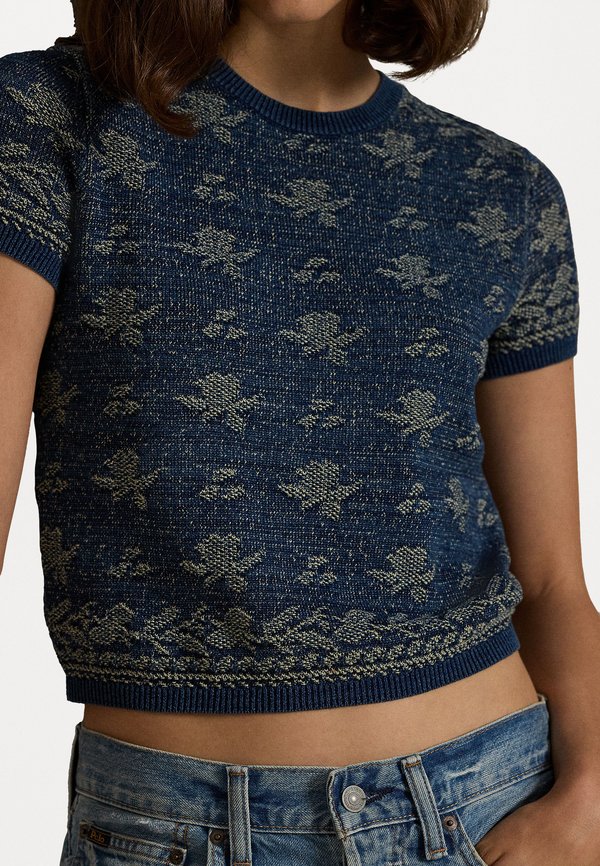 FLORAL COTTON SHORT SLEEVE SWEATER - Print T-shirt - dark indigo3