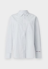 Light blue striped button-up shirt with a pointed collar, long sleeves, a chest pocket, and embroidered accents on the cuffs.