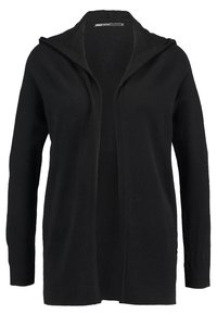 Black knitted cardigan featuring a hood, open front, textured fabric, and long sleeves with a relaxed fit.