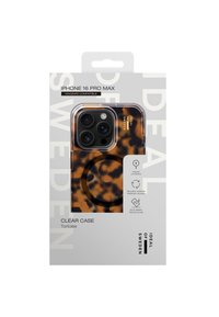 Tortoise-patterned clear case for iPhone 16 Pro Max, featuring MagSafe compatibility, recycled materials, and drop-test certification.