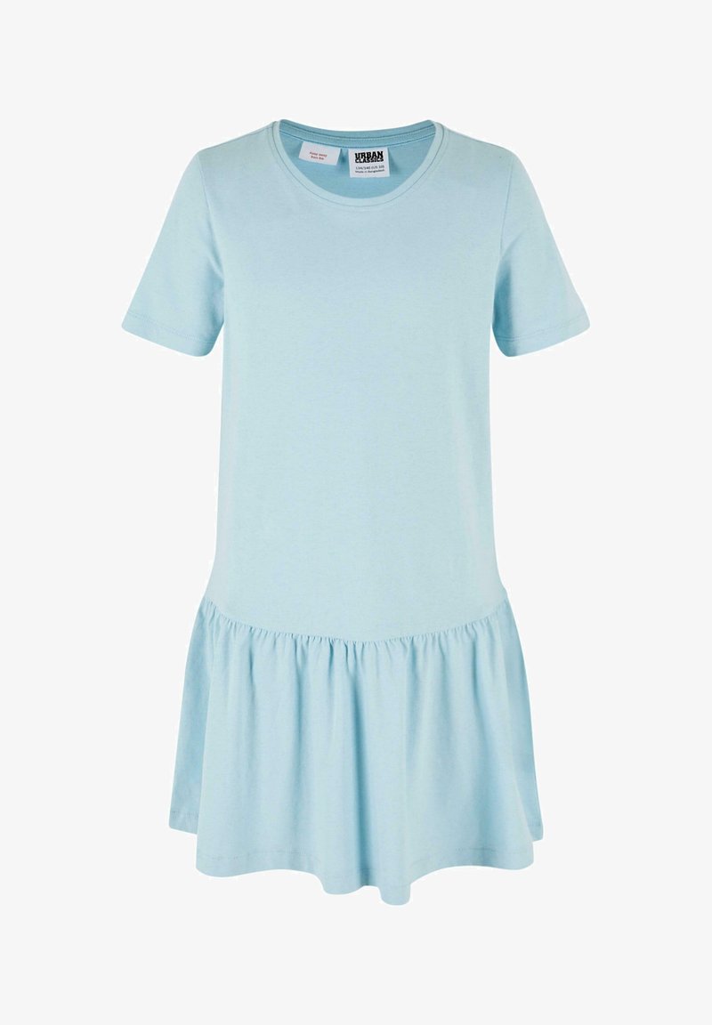 Šviesiai mėlynas trumpomis rankovėmis suknelė iš švelnios medžiagos, su apvalia iškirpte ir platėjančia, volanėle apibrižta apatine dalimi.