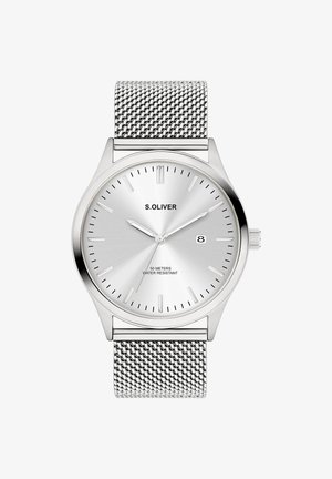 Orologio in acciaio inox argentato con cinturino a maglia, quadrante rotondo liscio, indicatori delle ore minimalisti e datario alle tre in punto.