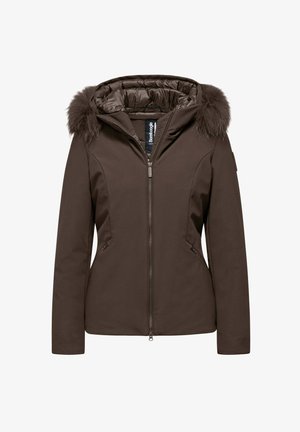 Braune isolierte Jacke mit einer Kapuze aus Kunstfell, glatter Textur, Frontreißverschluss und seitlichen Taschen. Verfügt über eine taillierte Silhouette.