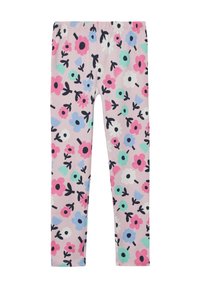 Legginsy w kwiatowy wzór z lekkiego materiału mają różowe tło z wielokolorowymi kwiatami i czarnymi łodygami. Elastyczny pas dla komfortu.