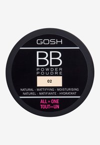 GOSH BB Powder, svart cirkulär behållare, med vit text och rosa accenter. Etiketten listar egenskaper: naturlig, mattande, fuktgivande.