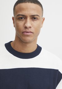 Maglione da uomo in maglia con un motivo a righe orizzontali blu navy e bianche, colletto a girocollo a coste e tessuto texturizzato.