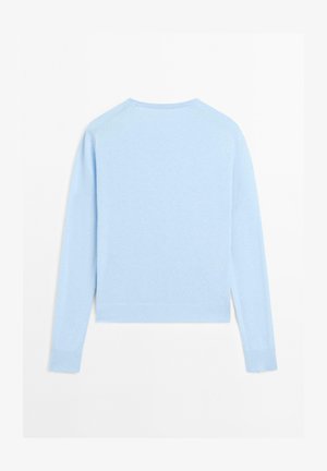 Světle modrý svetřík s dlouhými rukávy, kulatým výstřihem a žebrovanými manžetami. Hladká textura a mírně zkrácený střih. Bez viditelných ozdob.