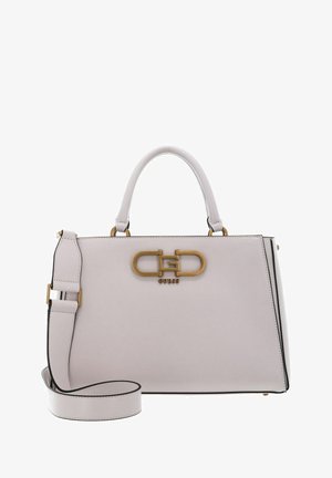 Borsa a mano rosa chiaro con un design strutturato, hardware color oro, doppi manici e tracolla rimovibile. Presenta dettagli con logo sul davanti.