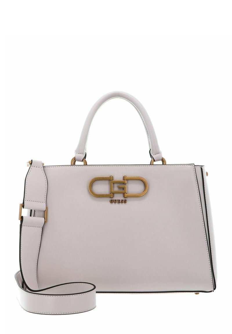 Borsa a mano rosa chiaro con un design strutturato, hardware color oro, doppi manici e tracolla rimovibile. Presenta dettagli con logo sul davanti.