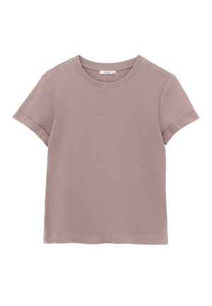 Camiseta de manga corta en malva claro, hecha de suave algodón. Presenta un sencillo escote redondo y bordes de las mangas enrollados.