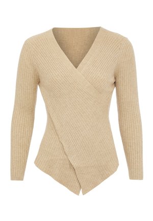 Beige gerippter Strick-Wickeltop mit langen Ärmeln und V-Ausschnitt, mit taillierter Passform und asymmetrischem Saum.