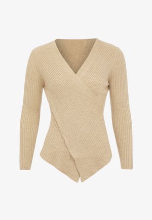 Beige bordás kötött hosszú ujjú felső, V-nyakkivágással, testhezálló fazonnal és aszimmetrikus szegéllyel.