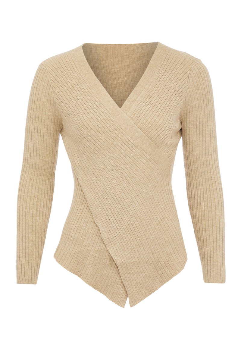 Beige gerippter Strick-Wickeltop mit langen Ärmeln und V-Ausschnitt, mit taillierter Passform und asymmetrischem Saum.