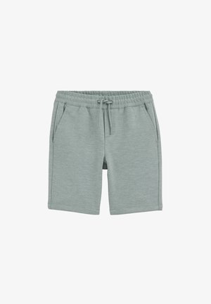 Lichtgrijze gebreide short met een elastische tailleband en trekkoord, voorzien van voorzakken aan de zijkant en een ontspannen pasvorm.