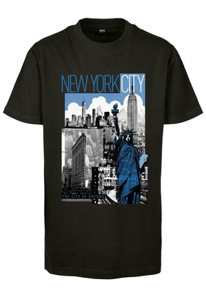 Svart T-skjorte med grafisk design av New York City. Bildene inkluderer Frihetsgudinnen og byens skyline i blått, grått og hvitt.