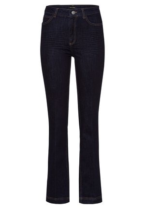 Donkerblauwe denim bootcut jeans met knopen aan de voorkant en zakken, met lichte vervaging en contrasterende stiknaden.