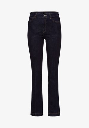 Ciemnoniebieskie dżinsy bootcut z przodem zapinanym na guziki i kieszeniami, z lekkim przetarciem i kontrastowym przeszyciem.