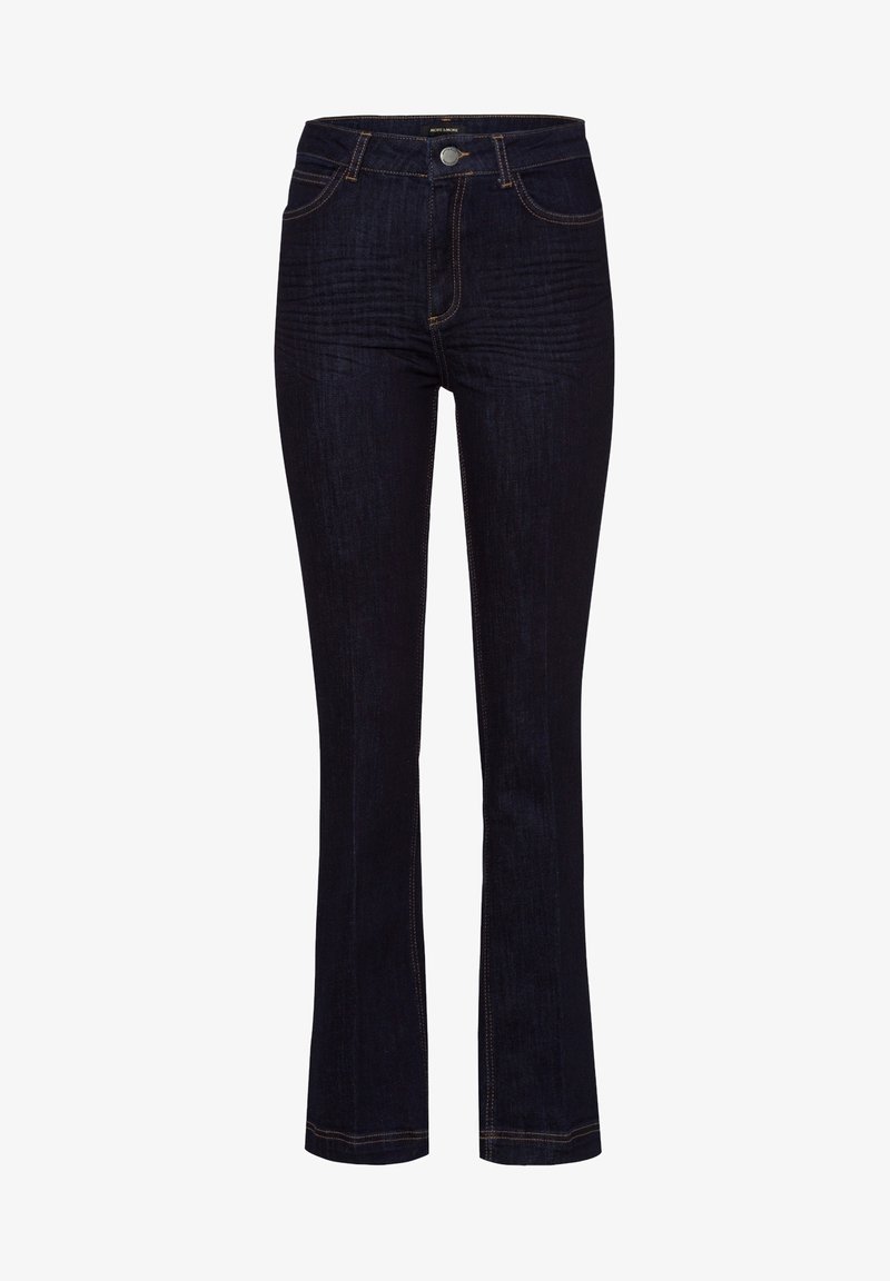 Ciemnoniebieskie dżinsy bootcut z przodem zapinanym na guziki i kieszeniami, z lekkim przetarciem i kontrastowym przeszyciem.