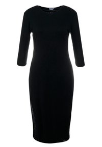 Robes noires ajustées en jersey doux, dotées de manches trois-quarts et d'une fente sur le côté pour le mouvement. Encolure ronde sans détails.