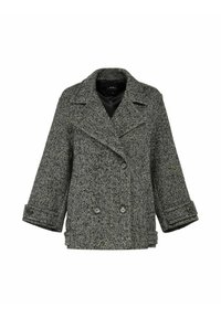 Szary, w kształt rybiej ości, podwójnie zapinany płaszcz wełniany z szerokimi klapami, zapinanymi mankietami oraz czarną podszewką.