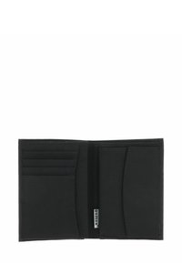 Black bi-fold wallet open showing four card slots on left and one larger pocket on right with fabric brand tag in center.
